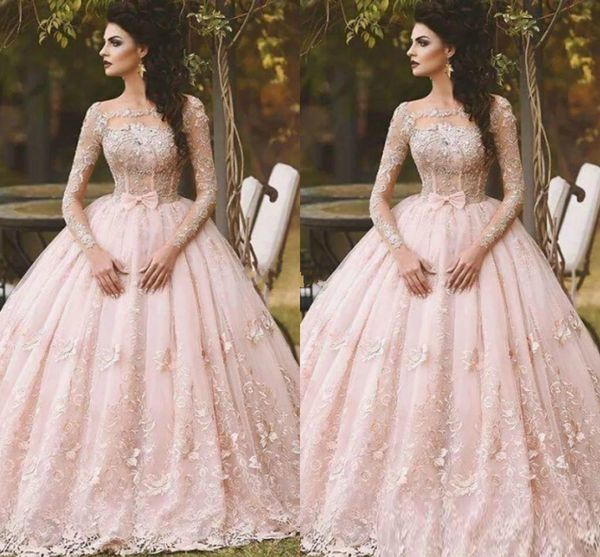 

sweet 16 girls pink gown quinceanera dresses long sleeve sheer lace applique tulle bodice long prom dresses formal party ball, Blue;red