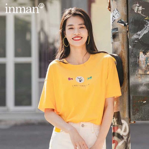 

inman 2020 summer new arrival pure cotton cute chinese printed all-match t-shirt, White