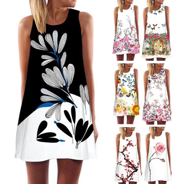 

women sleeveless round collar printing fashion dress for summer beach party jt-drop ship, Blue;gray