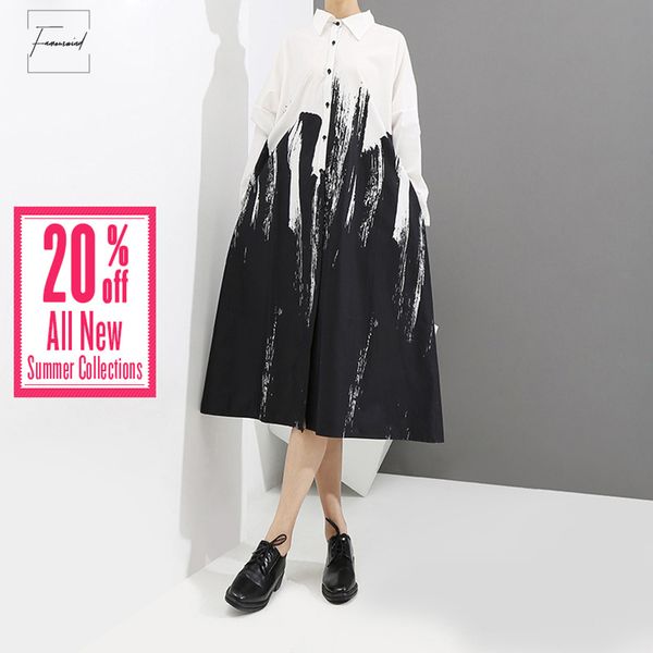 

2019 women dresses painting style loose white shirt dress long sleeve midi female plus size party club print casual 3400, Black;gray