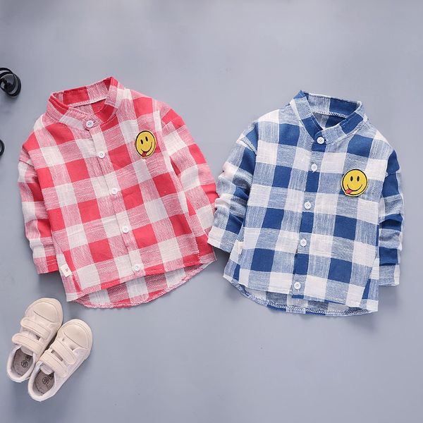 

2019 autumn & winter children's shirt new style men and women children lapel shirt plaid smiley, White;black