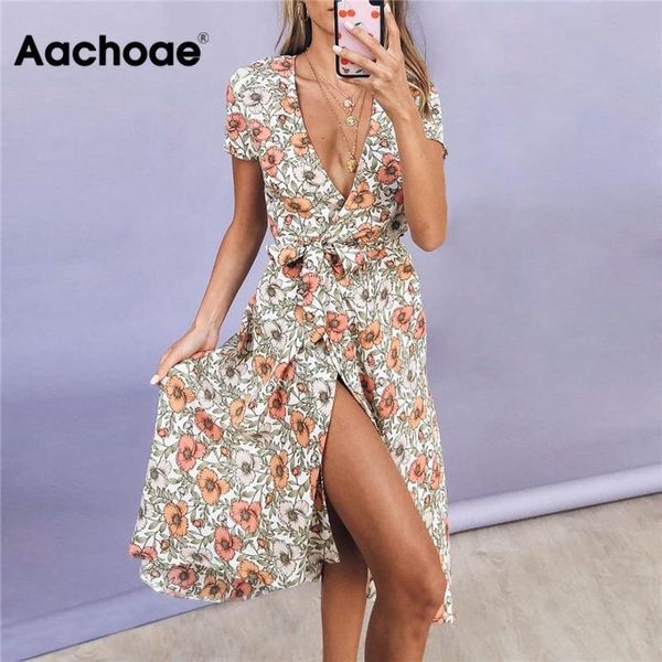 

deep v-neck long dress summer women boho floral printed beach dress high split elegant party dress short sleeve dresses, Black;gray