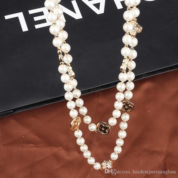 

women pearl beaded necklace flower long pearl sweater chain necklace for gift party fashion jewelry accessories, Silver