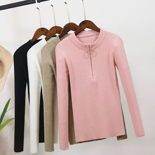 

zipper sweater 2019 new autumn winter women sweater pullover female o-neck knitted slim pullovers femme, White;black