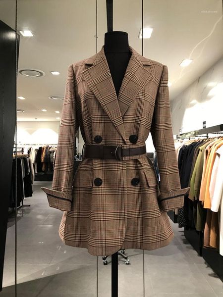 

womens vintage blazers lace-up ladies woolen suit plaid print womens fashion blazer long sleeve lapel neck, White;black