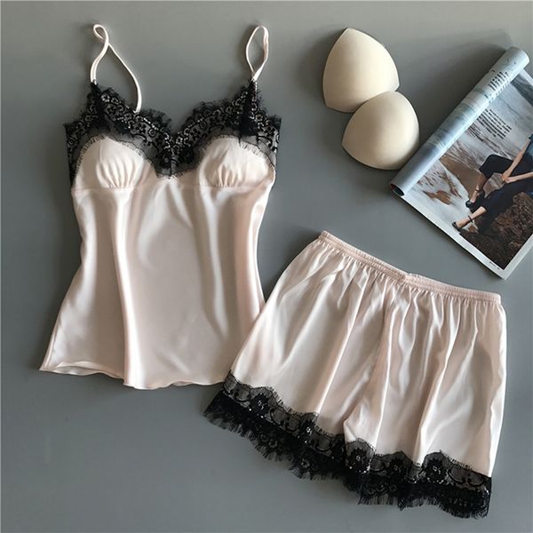 

cotton two piece set women sleepwear silk pajamas chest pad nightwear women 2018 summer lace homewear lingerie, Blue;gray
