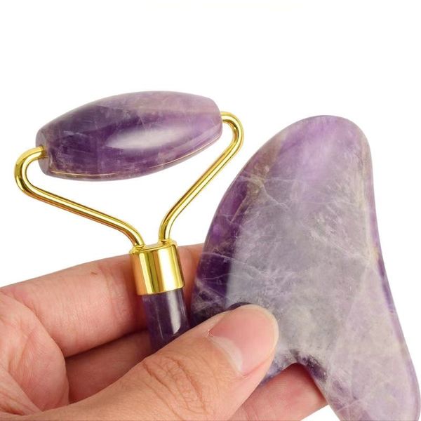 Rullo di giada ametista viola Gua Sha Strumenti per massaggiatore Bordo Guasha Set Riduzione naturale delle rughe