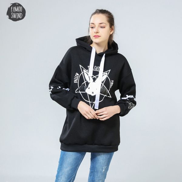 

harajuku lolita style women sweatshirt rabbit pentacle women hoodies lace up print casual loose long sleeve tracksuit, Black