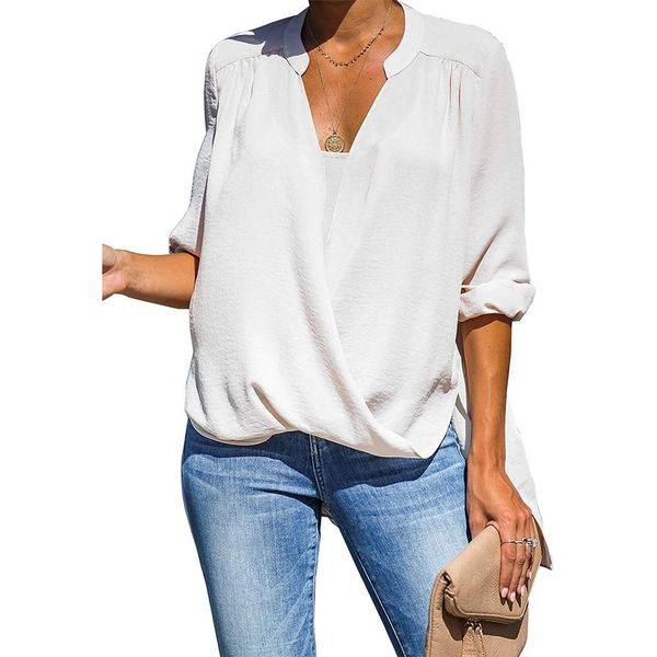 

womens chiffon blouse 20ss new elegant solid v neck blouse 3 colors casual office lady daily outfits, White