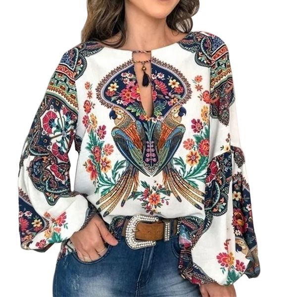 

women's fashion trend clothing retro lantern sleeve shirt national wind print shirt long-sleeved 2019 new s-5xl, White
