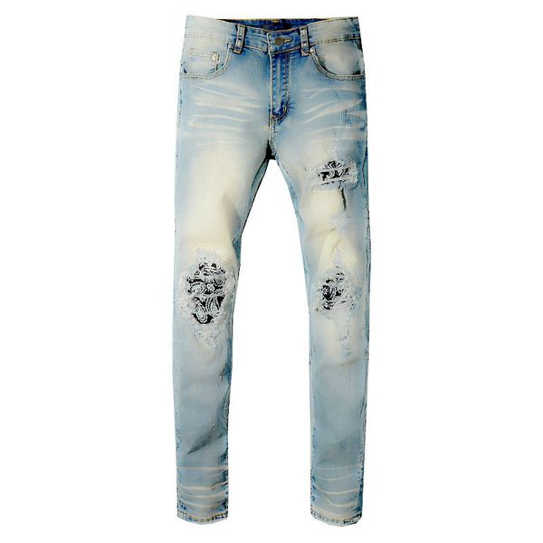 

mens amiri jeans новый фирменный стиль новые мужские проблемных джинсы разорвал байкер джинсы arn18 приталенный мотоцикл байкер джинсы мода, Blue