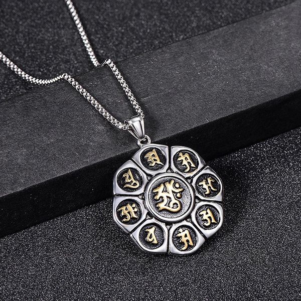

tibetan buddhism six words mantra necklace men lotus spiritual pendant necklace women stainless steel jewelry yg-5, Silver