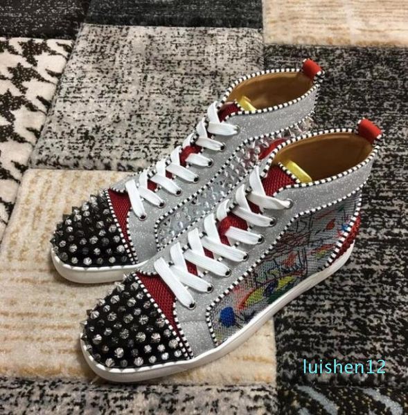 

2020 high top red bottom шипы кроссовки мужчин случайные обувь класса люкс печати silver пришивания щепка pik предельные редкие шпильки и ст, Black