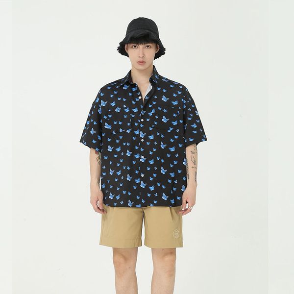

male streetwear hip hop vintage fashion loose shirts men butterfly print short sleeve casual shirt, White;black