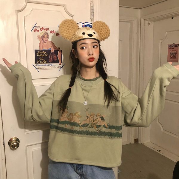 

2019 ангелы мультфильм печати harajuku осенью и зимой толстые женщины обрезанные толстовка корейски сыпучие негабаритные пуловер, Black