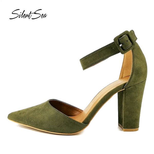 

silentsea pointed toe women's pumps flock party&wedding shoes female square heel women sandals army green, Black