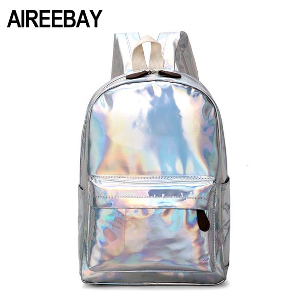 

aireebay female holographic backpack women soft laser pu leather travel backpacks silver hologram school bags for teenager girls y191102