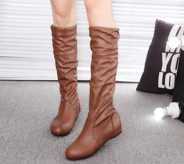 

women's boots ladies boots solid color pleated high 35-43 large size, Black