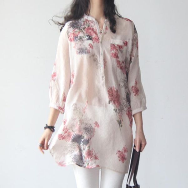 

ladies floral buttons pocket shirt summer v-neck sleeve blouse casual loose female fashion 3/4 women shirt blusas umftp