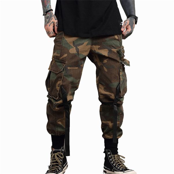 

men fashion cargo joggers camouflage hip hop pants for male high street vintage tactical trousers with multi pockets, Black