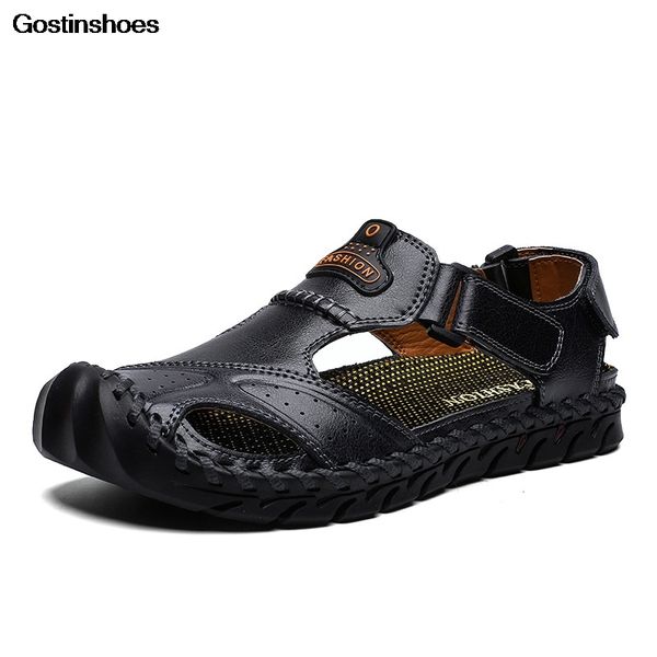 

sandal sandalias playa casual beach shoes men anti slip soft sole closed toe sandalias masculina sandalen heren cow leather, Black