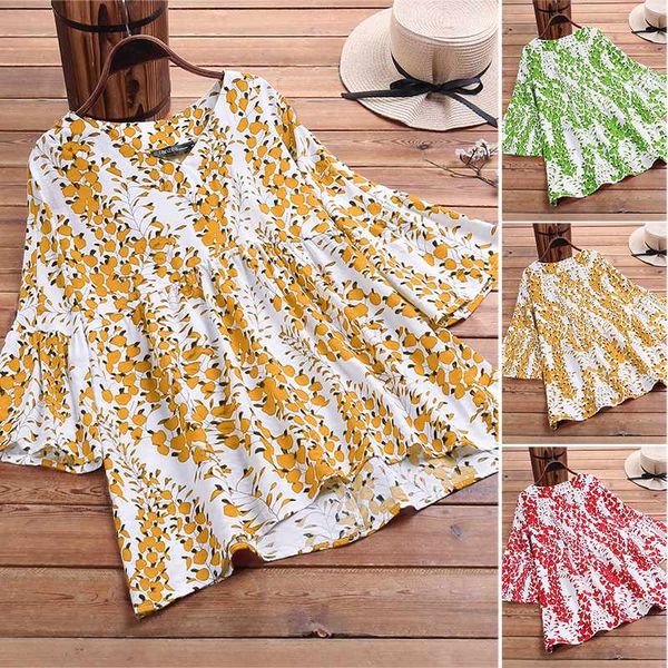 

zanzea women floral printed blouses 2020 summer shirts vintage shorts sleeve tunic casual v neck blusas chemise plus size, White