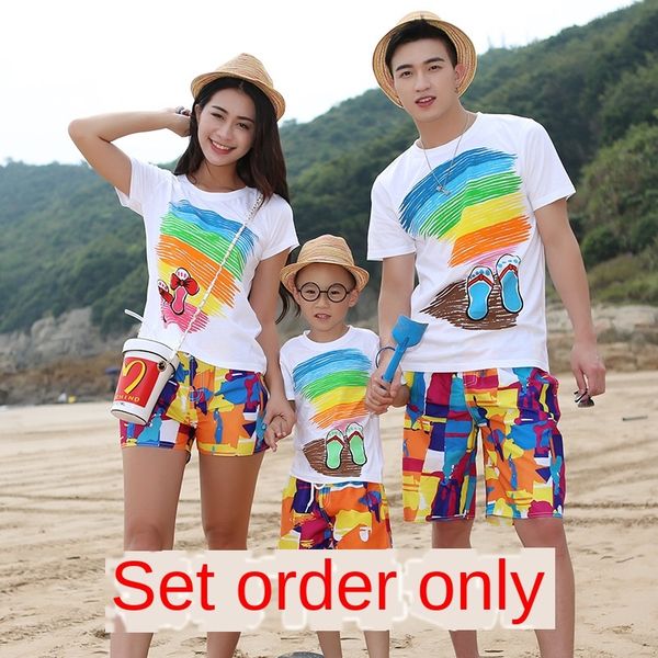 

2020 parent-child beach suit t-shirt and shorts seaside holiday suit cotton printed t-shirt quick-drying beach shorts, White;black