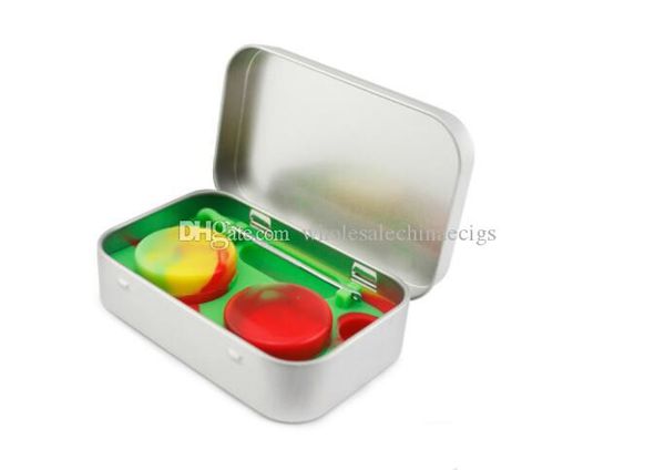 

4 in 1 Tin Silicone Storage Kit Set with 2pcs 5ml Silicon Wax Container Oil Jar Base Silver Dab Dabber Tool Metal Case