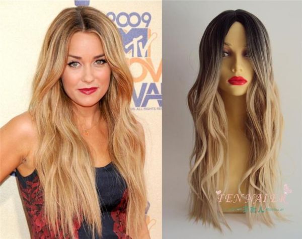 

long curly hair blonde high temperature silk rose net foreign trade hair root black gradient mixed gold wig a12670