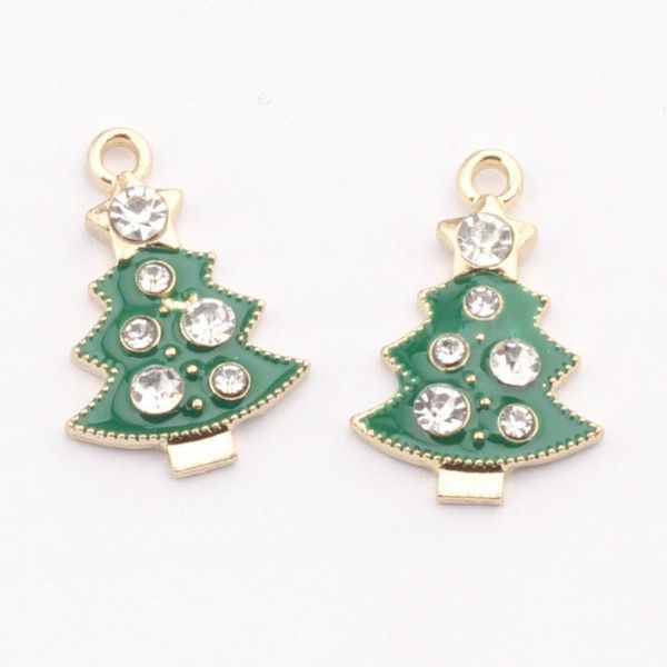 

100pcs green enamel rhinestone crystals gold tone plated christmas tree pendants charms bohemian metal findings 15mm x 23mm, Bronze;silver