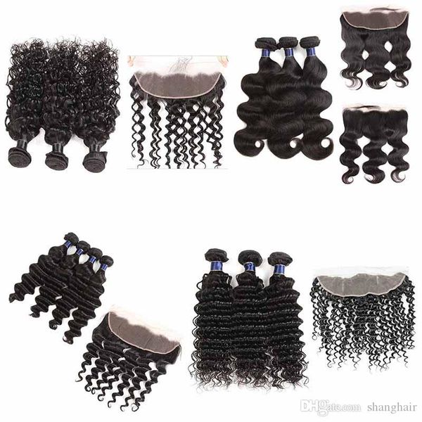 

малайзии девы прямые свободные волосы пучки человеческих волос с 13x4 кружева фронтальная закрытие тела глубоководная волна 3 пучки с фронта, Black