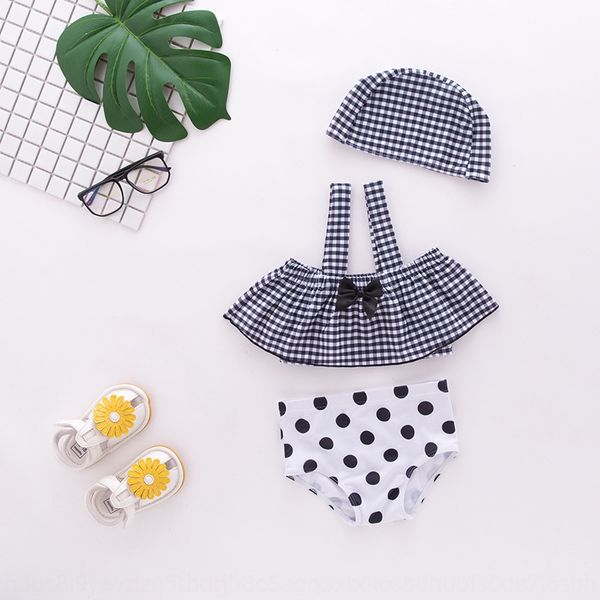 

girl's split shoulder strap black and white plaid strap bowknot swimsuit children's spring swimsuit, White;black