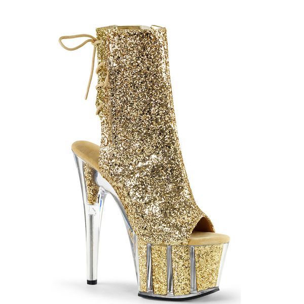 

women ankle boots glitter 15cm high heels stripper platform shoes transparent heels zip lace up boots ladies shoes plus size 43, Black