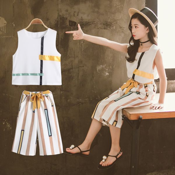 

girls korean casual summer dress sleeveless two-piece suit color stripe vertical stripe chiffon cropped pants, White