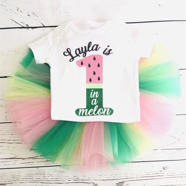 

clothing sets personalised watermelon first birthday baby girl shirt customize name age any character baptism tutu set outfit cake smash, White