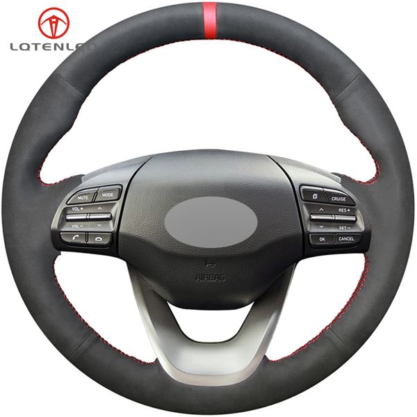 

lqtenleo black suede diy hand-stitched car steering wheel cover for hyundai kona 2017-2019 i30 2017-2019