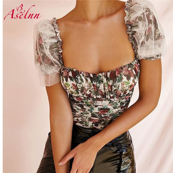 

aselnn women floral printed bodysuit 2020 summer short puff sleeve square collar ruched bodycon bodysuit fahion streetwear, Black;white