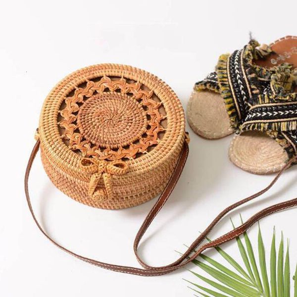 

new women straw bag handmade rattan women round bohemia style beach circle bag hollow kintted bow shoulder bags ca16