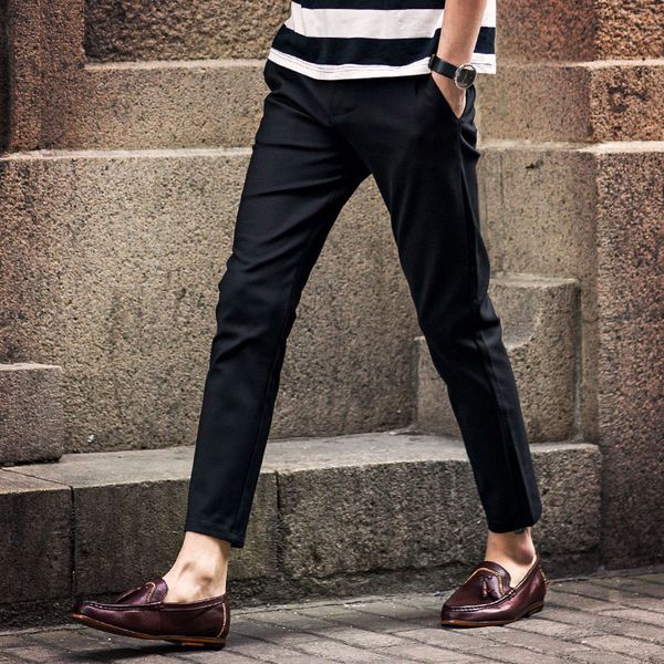 

2019 spring and autumn new men's slim fashion suit pants men's nine pants business formal casual slim trousers solid color, Black