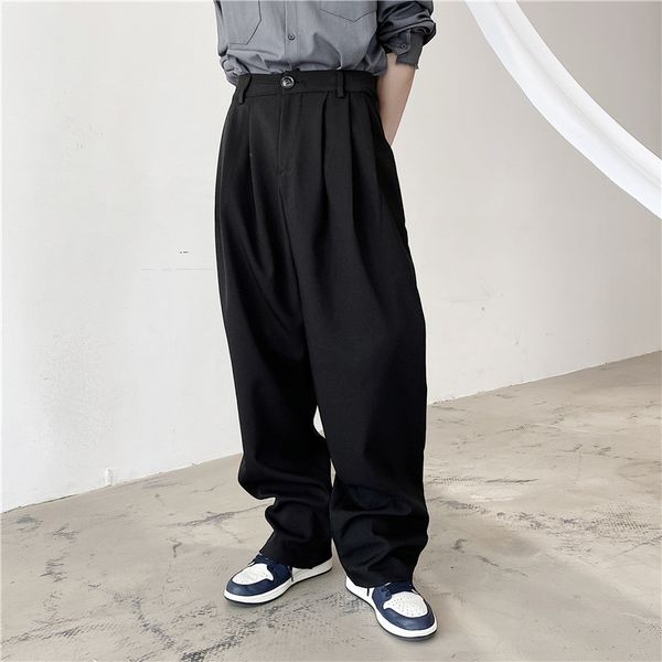 

male vintage fashion plaid long trousers japan korea style pant men high waist casual loose straight suit pants, Black