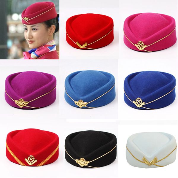 

30pcs imitation wool felt cap ladies pillbox hats with gold insignia solid beret stewardess air hostesses hat base sweet fedoras, Blue;gray
