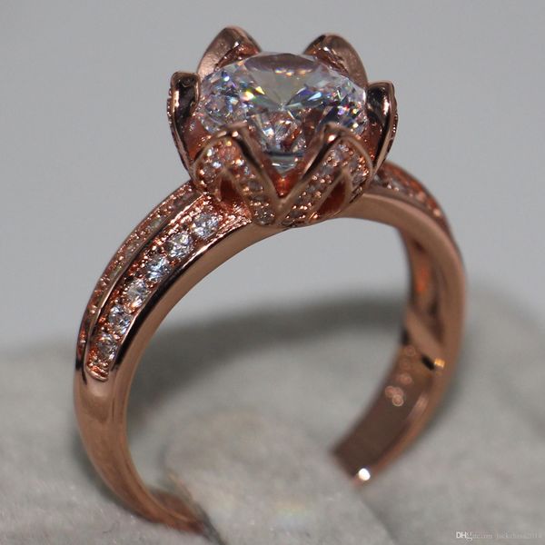 

wholesale handmade luxury jewelry 925 sterling silver rose gold plated round cut z cz diamond birthstone women wedding band lotus ring