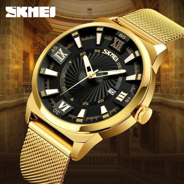 

skmei 9166 luxury mens watches golden quartz watch men stainless steel strap waterproof fashion casual clock male, Slivery;brown