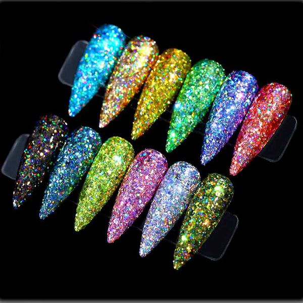 

12pcs super shining nail glitter powder chrome pigment dust iridescent flakes sequins gold paillette art manicure decorations, Silver;gold