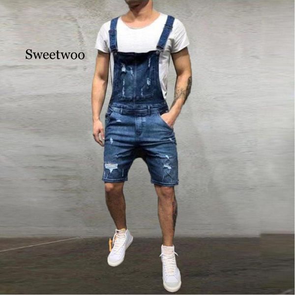 

2020 oversize fashion men's ripped jeans jumpsuits shorts summer hi street distressed denim bib overalls for man suspender pants, Blue
