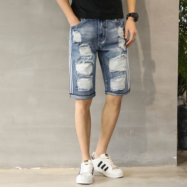 

men's new fashion hollow jeans shorts loose loose lounge trousers in summer thin, Blue