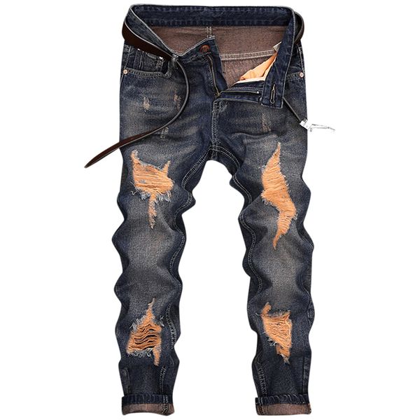 

2019 men's jeans classic direct ripped design dark blue casual business denim pants slim scratched long trousers cowboys gentle