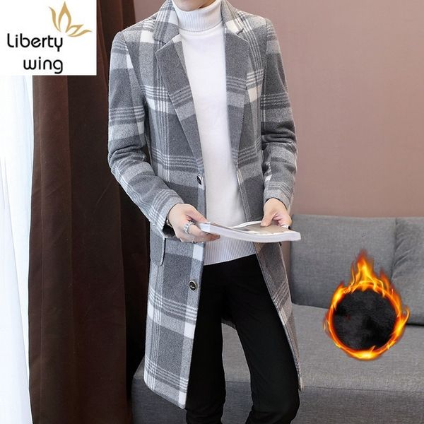 

men's trench coats winter mens thick fleece lining warm long trech coat plaid slim fit overcoat blends korean single breasted outwear w, Tan;black