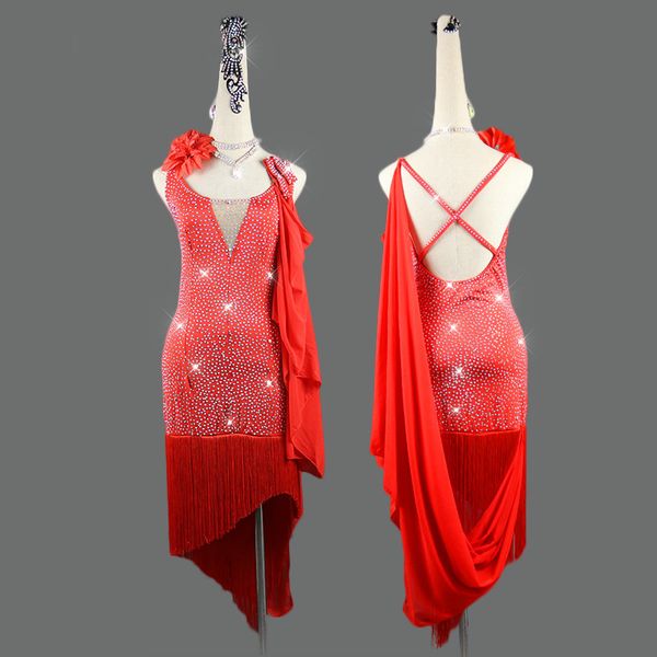 

shiny rhinestone red latin dance dress women high-end custom tassel rumba samba latin dresses female skirt fringe, Black;red
