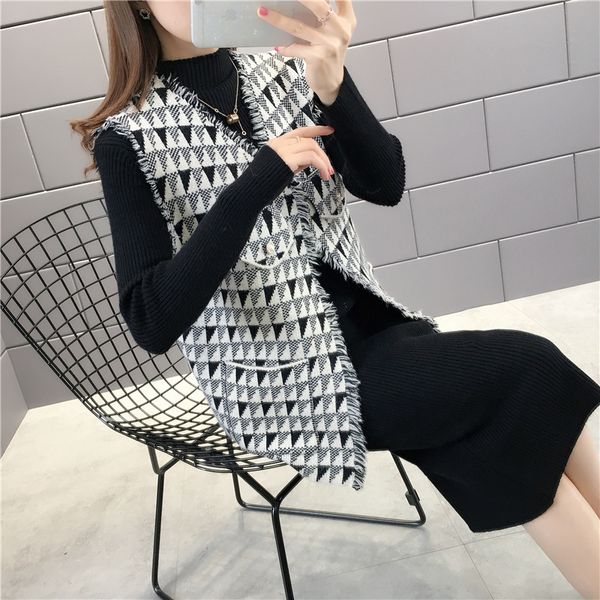 

1348880 [2 rooms, 5 rows, 1 middle size] real snew medium length dress + vest set, 2-piece suits 2019jd, White;black